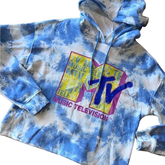 NWT MTV 90’S tie dye cropped hoodie size medium blue white - Picture 1 of 11